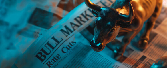 newspaper bull market headlines page and media, start of quantitative easing and central bank interest rates cut to stimulate the economy and stock market recovery as wide banner