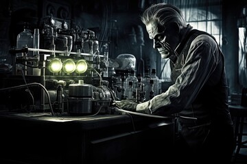 Frankenstein's monster in a dark laboratory. - obrazy, fototapety, plakaty