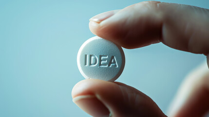 White round pill with text IDEA in hands, white background, copy space. Business marketing template. Generative AI