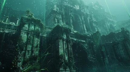 Obraz premium Ancient underwater metropolis, overgrown with algae and barnacles, mythical creatures lurking, treasure-filled temples, submerged in time and mystery, for fantasy scene game; 4k detail