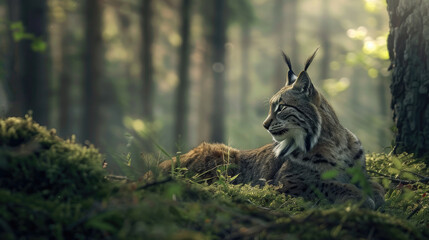 A cat perched in the center of a dense forest, surrounded by towering trees and lush greenery