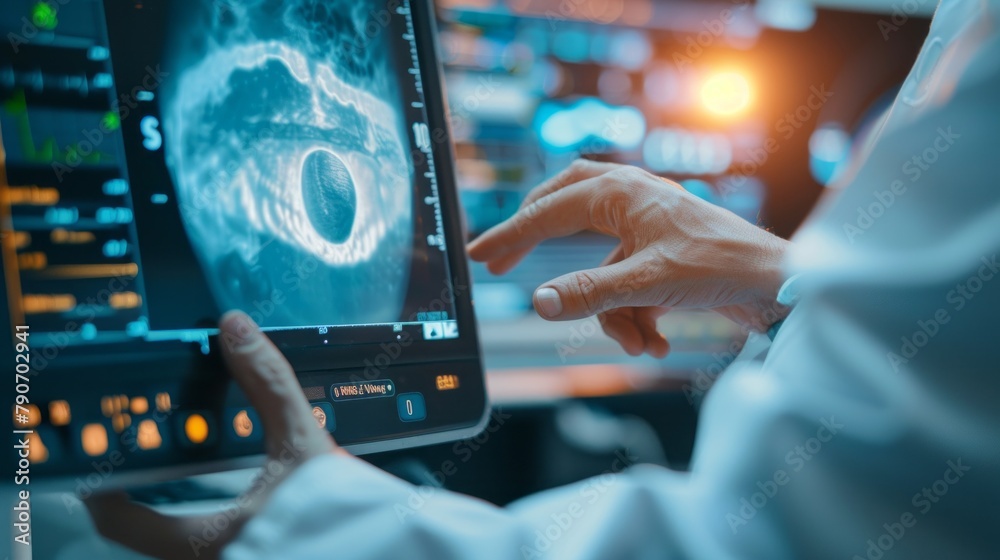 Aufkleber A doctor is pointing at a computer screen displaying a medical image
