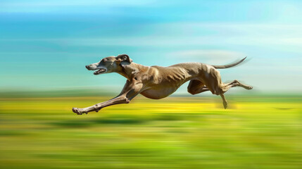 A lively dog is mid-air, jumping with excitement and energy