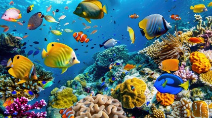 Fototapeta na wymiar A large group of vibrant fish swims together over a coral reef in the ocean, showcasing a beautiful underwater ecosystem