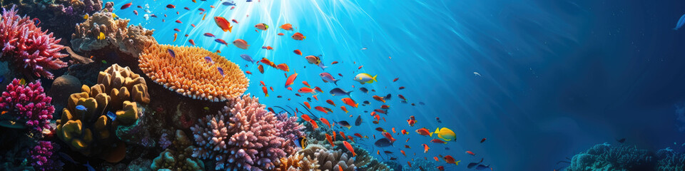A vibrant coral reef filled with numerous colorful fish swimming among the intricate coral structures