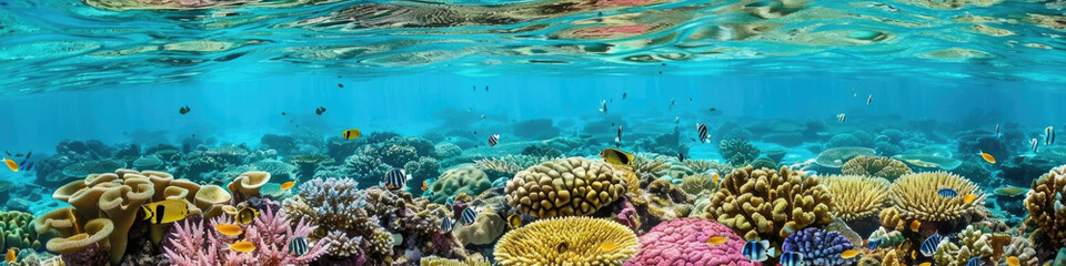 A vibrant coral reef teeming with marine life can be seen underwater, showcasing a variety of colors and textures - obrazy, fototapety, plakaty