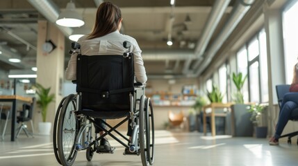 Rear view portrait of disability businesswoman sitting on wheelchair in office room. AI generated