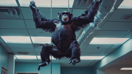 A monkey hangs from a rope in a room, exhibiting strength and agility in its environment