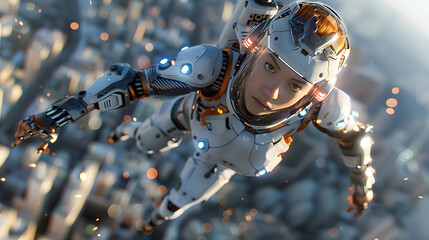 The robot or cyborg woman in the superhero iron suit is flying over a futuristic city. The character has a jetpack rocket engine and is riding a cyborg jetpack. The robot woman flies overhead.