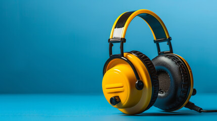 Naklejka premium Stylish yellow over-ear headphones with a black cushion on a vibrant blue backdrop.