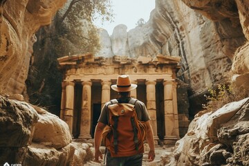 Traveler exploring ancient ruins of a historical site. - obrazy, fototapety, plakaty