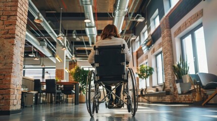 Rear view portrait of disability businesswoman sitting on wheelchair in office room. AI generated - obrazy, fototapety, plakaty