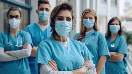 Fototapeta na wymiar Healthcare workers standing in a hospital room wearing face masks while arms crossed. AI generated