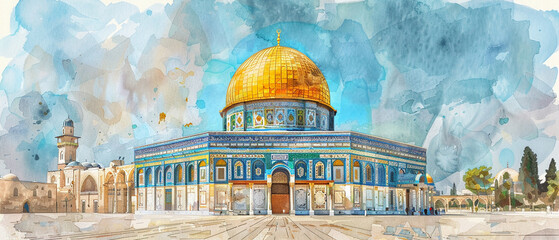 Watercolor hand draw The Dome of the Rock in Jerusalem is a prominent Islamic shrine with a golden dome and beautiful mosaics.