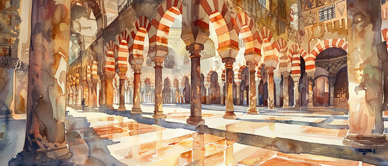 Fototapeta premium Watercolor hand draw The Great Mosque of Cordoba in Spain is a masterpiece of Moorish architecture