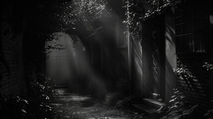 A dark alley with light filtering through windows, creating a contrast of light and shadows