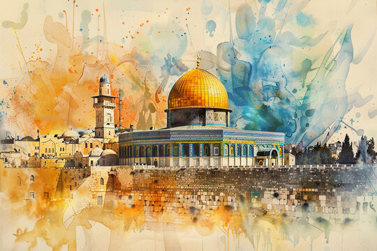 Watercolor hand draw The Al-Aqsa Mosque in Jerusalem is one of the oldest mosques in the world and holds significant religious importance in Islam.