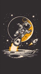Cute Astronauts on the Moon: Illustrations of Cosmic Planets and Space Themes