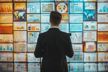 Businessman analyzing a creative data collage on a digital wall display from behind