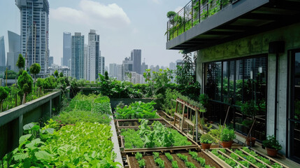 A rooftop garden filled with a variety of plants, set against a backdrop of urban buildings and the city skyline