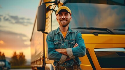 Portrait happy male driver wearing hat standing in front truck. AI generated image