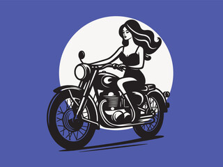  Beautiful young woman riding a motorcycle. vintage black isolated illustration, icon, emblem