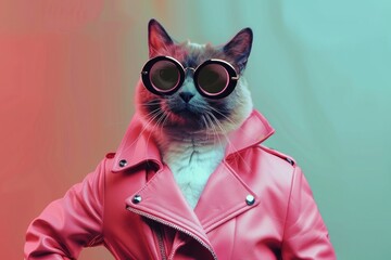 Stylish cat with sunglasses and pink jacket on color split background.