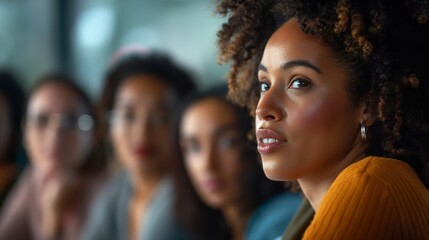 Empowered Female Leader Voicing Ideas in Diverse Team Meeting, Emphasizing Inclusive Workplace Culture
