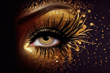 Luxury Abstract realistic Gold eye digital illustration close up minimal. Colourful fashionable futuristic style. Contemporary trendy surreal eye background for interior design