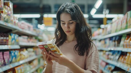 Closeup young woman reading food label of diary product in grocery store. AI generated