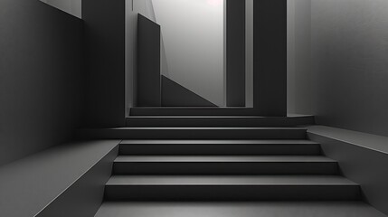 The image shows a quiet corridor with stairs leading up to a bright doorway. It indicates a journey to a higher level or a path that leads to new opportunities.