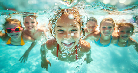 Happy children swim underwater in the pool