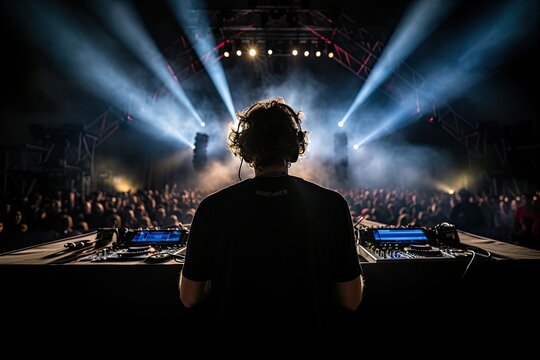 In the pulsating glow, the DJ orchestrates beats amidst swirling mist, conjuring an electrifying atmosphere of mystery and allure.