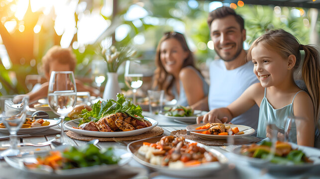 Close-up of family gathering in restaurant, dinner, meal, celebration, travel 