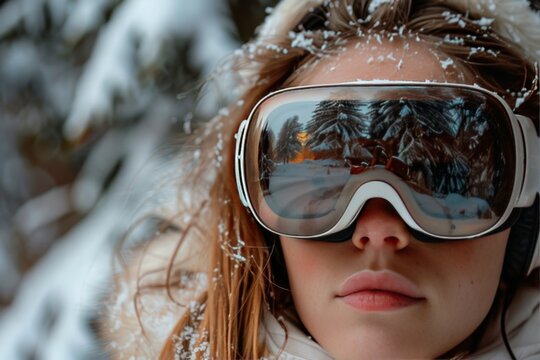 Woman Wearing Ski Goggles in Snow