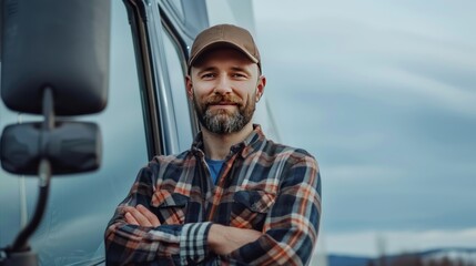 Portrait happy male driver wearing hat standing in front truck. AI generated image