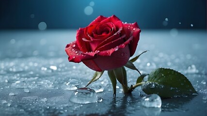 Red rose lies on icy surface, dew drops adding freshness. Vibrant color contrasts with cold blue tones, perfect for expressing complex emotions