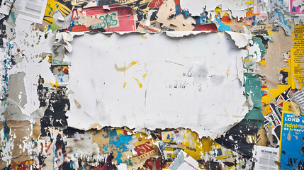 Peeling layers of old posters on wall, creating textured space for artistic expression or ads