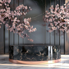 Modern Black Marble Podium, front view focus with Rose Gold Accents and Soft Pink Flowers Background, ultra-realistic, perfect for product showcase