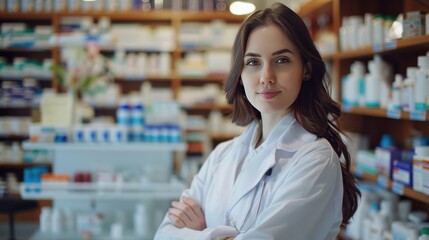 Portrait a beautiful female pharmacist posing in drugstore room. AI generated image