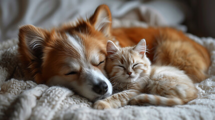 Obraz premium cat and dog, a ginger-colored baby cat with a tan white dog, lying close together, a cute animal image