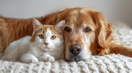 a cute animal image, a ginger-colored cat and a tan and white dog cuddling together 