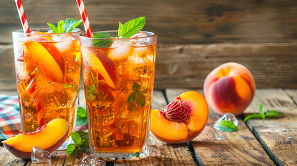 Peach Lemonade on rustic wooden background ,Peach iced tea ,Iced tea with peach slices, mint and ice cubes close up , Homemade refreshing summer drink - Powered by Adobe