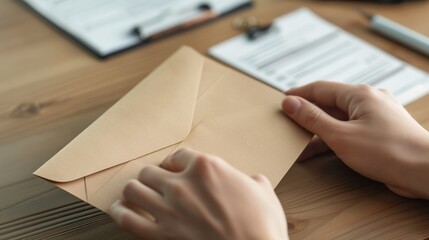 Close-Up of Person Sealing Brown Envelope on Office Desk, Focused on Secure Document Dispatch