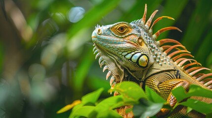 Fototapeta premium Iguana in nature with leafy backdrop