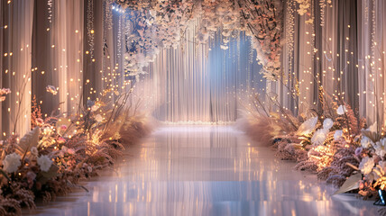Hallway decorated with flowers and lights for a wedding