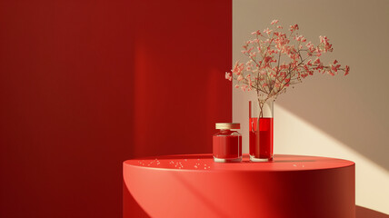 Image of red products on a red table There is a red and white background