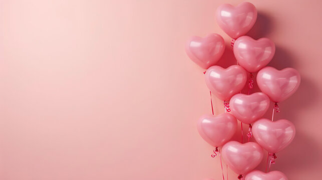 celebration: pink helium balloons on side of light pastel colored background rose background with empty space for text - Powered by Adobe