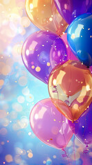 celebration time: transparent colorful air balloons on side of blurred pastel colored background with confetti