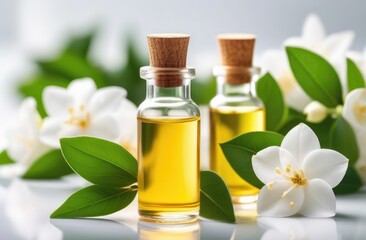 Essential aromatic oil with jasmine on white background,jasmine flowers,beauty industry